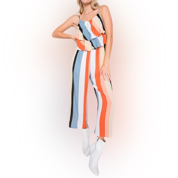 Le Lis Striped Tiered Ruffle Belize Jumpsuit Multicolor Orange Blue Large L - Picture 1 of 17